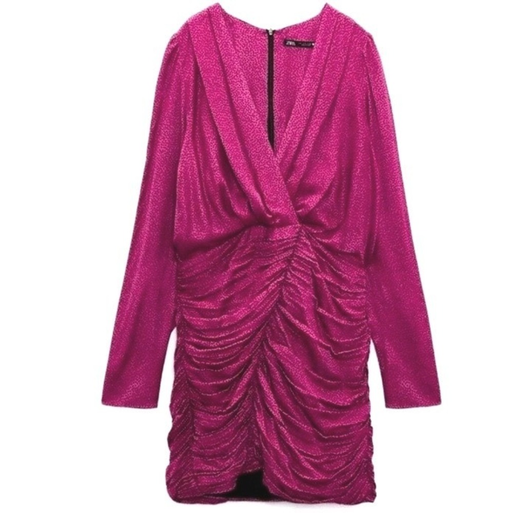ZARA Pink Black Polka Dot Ruched Long‎ Sleeve V Neck Mini Dress Size S